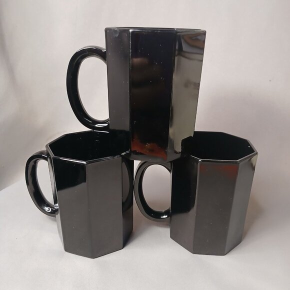 3 Arcoroc Octime Black Glass Octagon Coffee Mugs Tea Cups Vintage MCM France - Picture 5 of 16